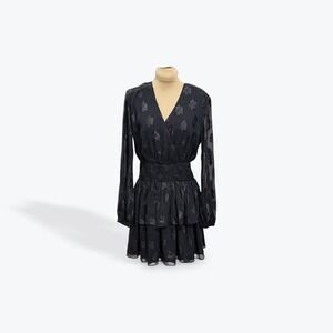 DO BE Black Sheer Metallic Leaf Print Smocked Waist Tiered Ruffle Mini Dress